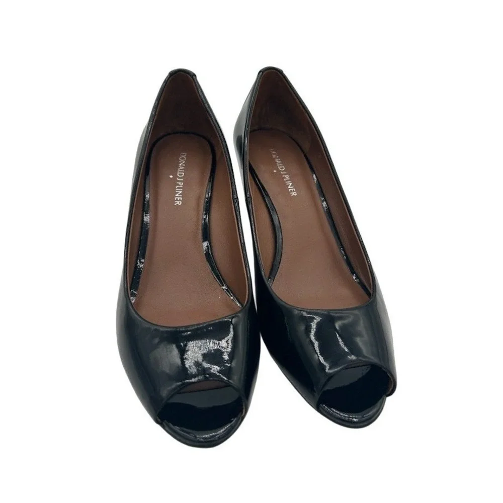 Donald J Pliner Wedge Pumps Women's Size 9 M Black Patent Leopard Calf Peep Toe